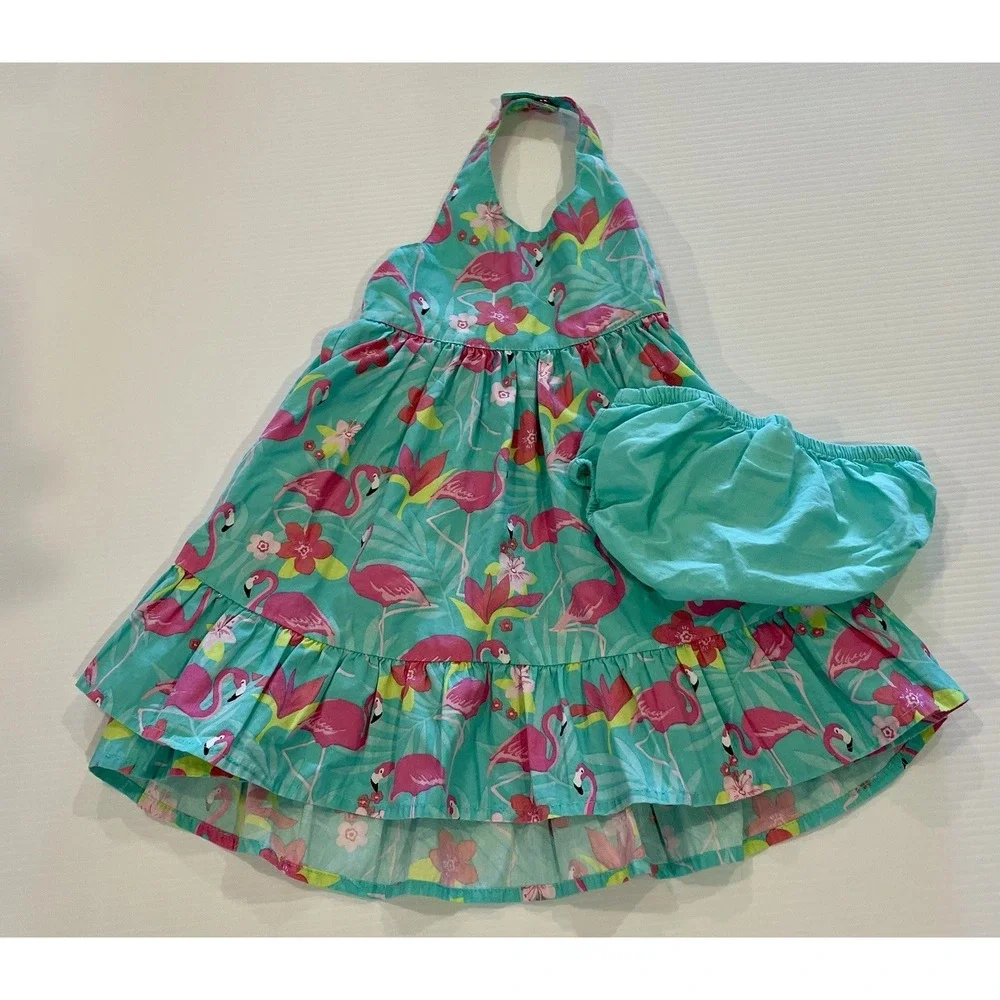 Gymboree Girls 9 12 Months Beautiful Tropical Green Flamingo Halter Dress 9m 12m